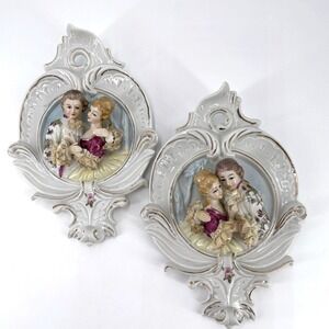 KPM Germany Porcelain Wall Plaques Pair 9" Courting Couple Ornate Lace Rococo